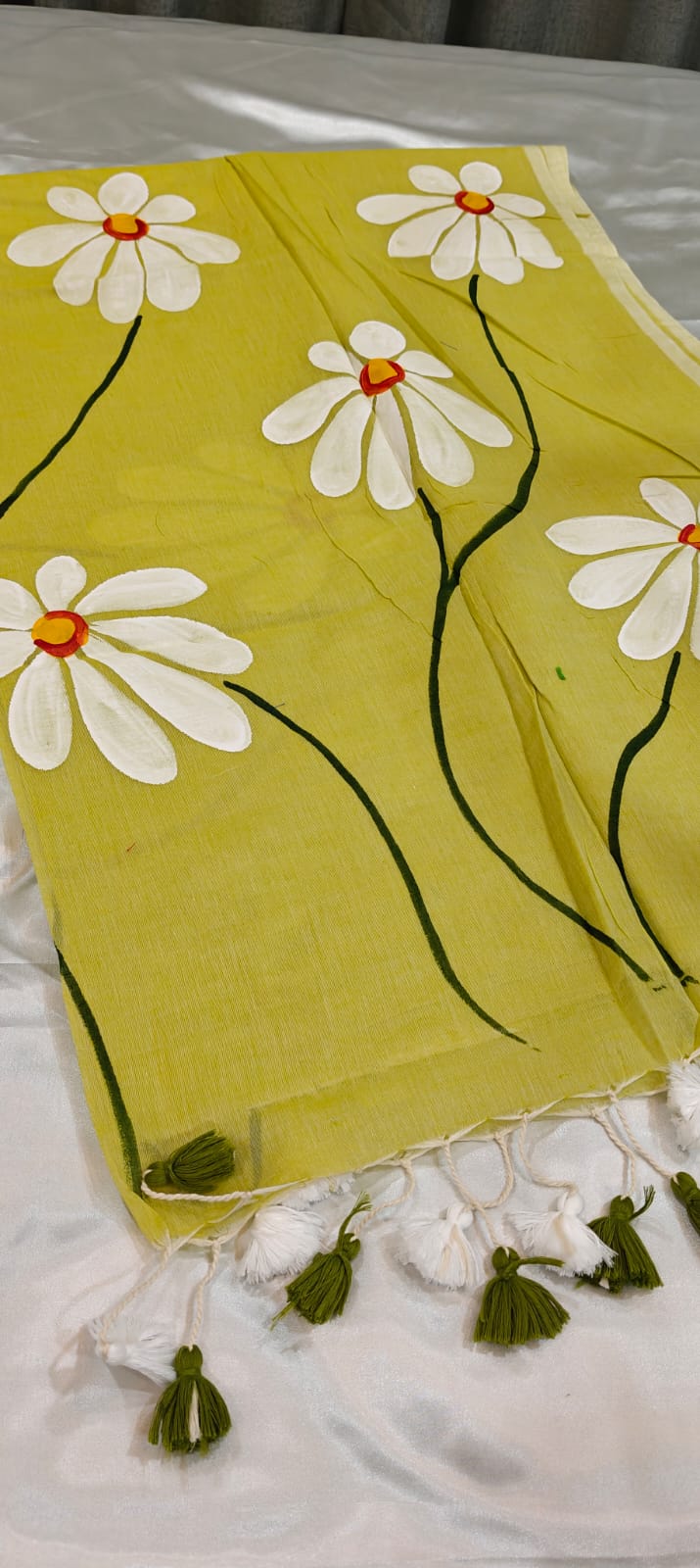 Lemon Yellow Hand Painted Mul Cotton Saree