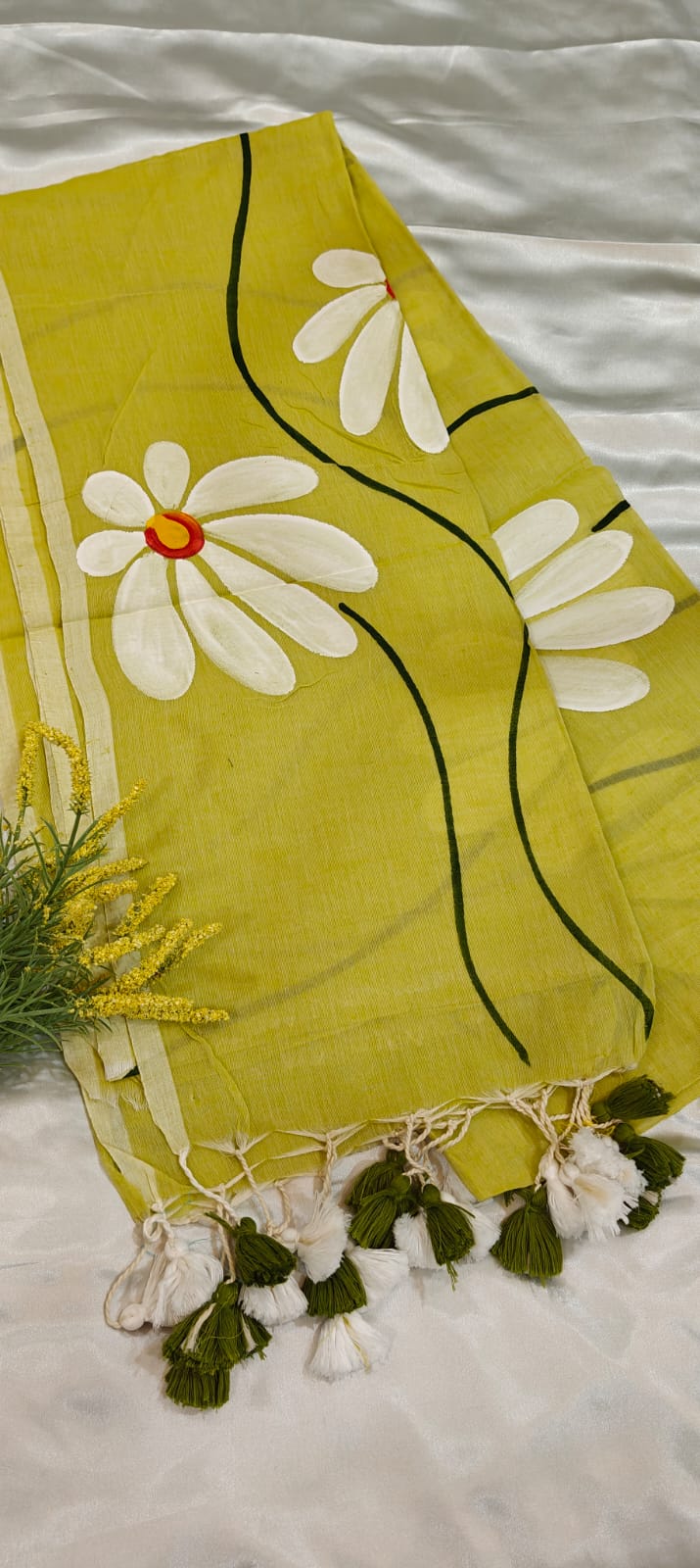 Lemon Yellow Hand Painted Mul Cotton Saree