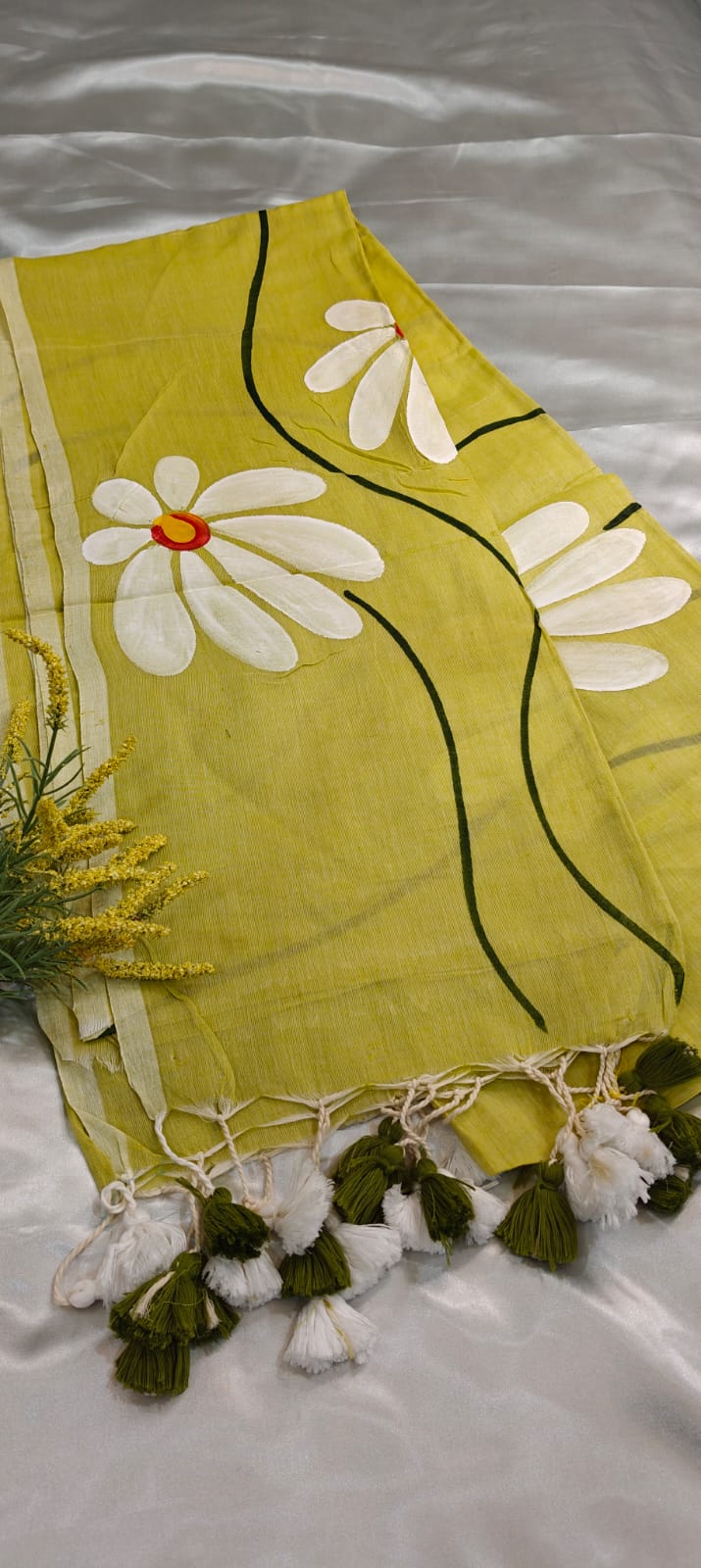 Lemon Yellow Hand Painted Mul Cotton Saree