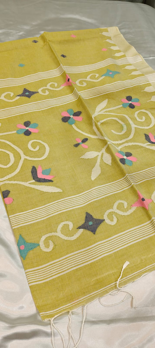 Soft Yellow Handwoven Needle-Work Jamdani Saree