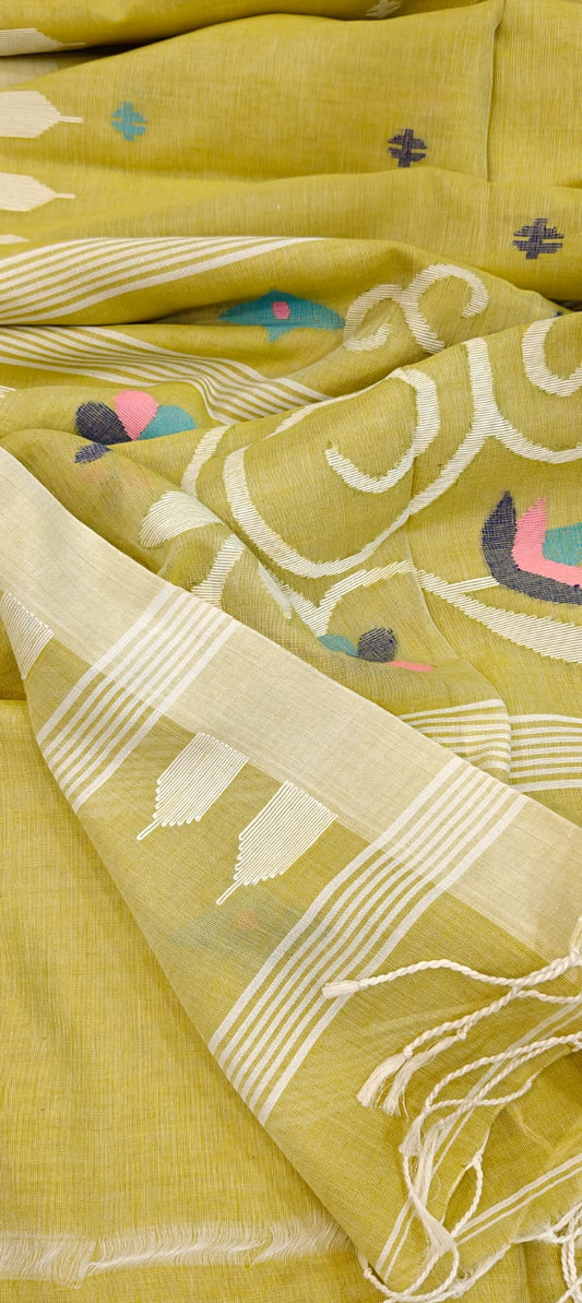 Soft Yellow Handwoven Needle-Work Jamdani Saree