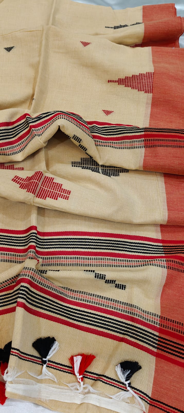 Natural Cream and Red Handwoven Cotton Saree