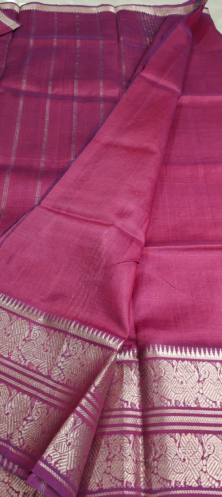 Wine Color Mangalgiri Saree with Traditional Silver Zari Border
