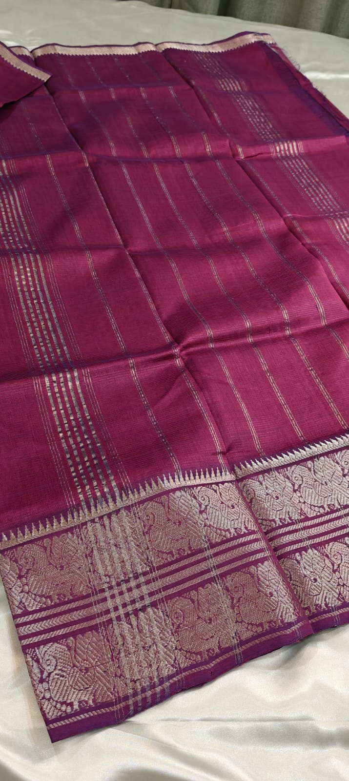 Wine Color Mangalgiri Saree with Traditional Silver Zari Border