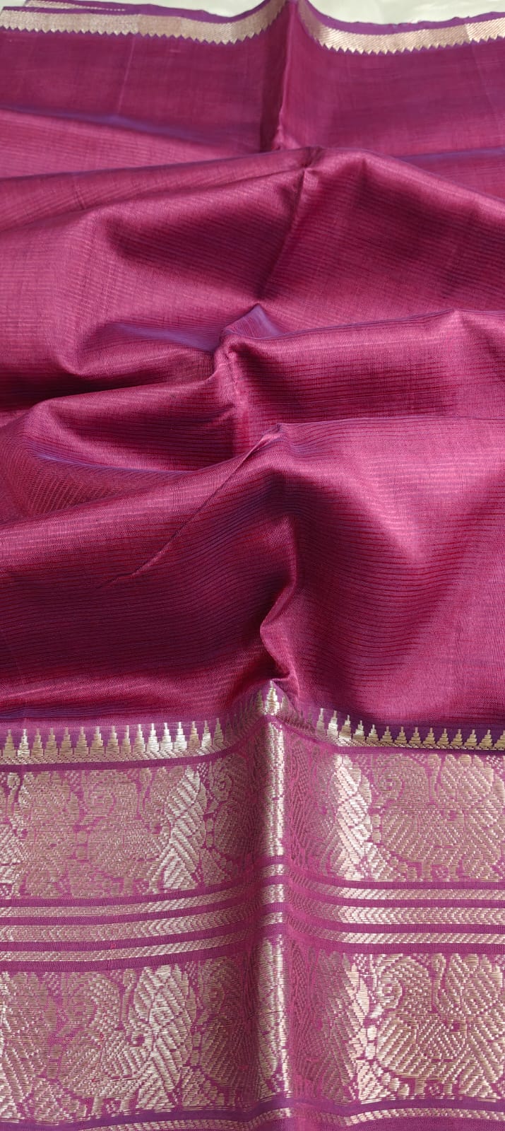 Wine Color Mangalgiri Saree with Traditional Silver Zari Border