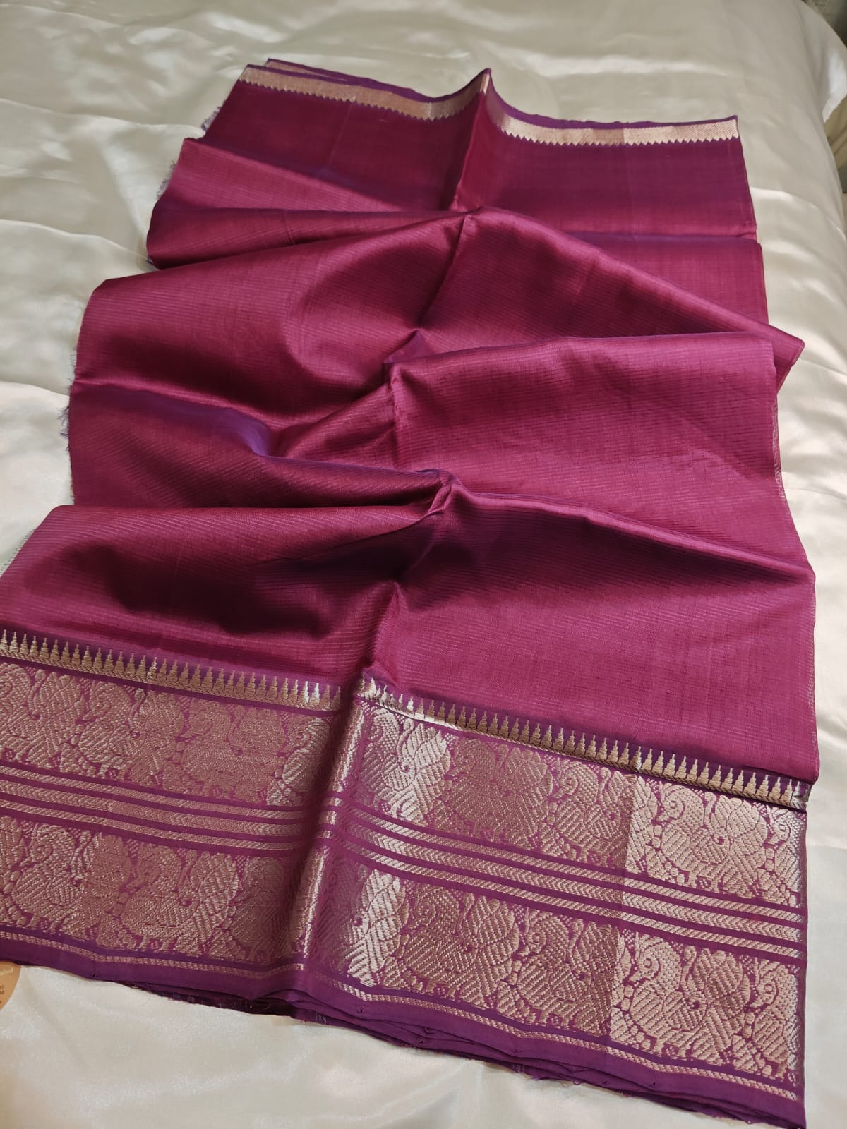 Wine Color Mangalgiri Saree with Traditional Silver Zari Border