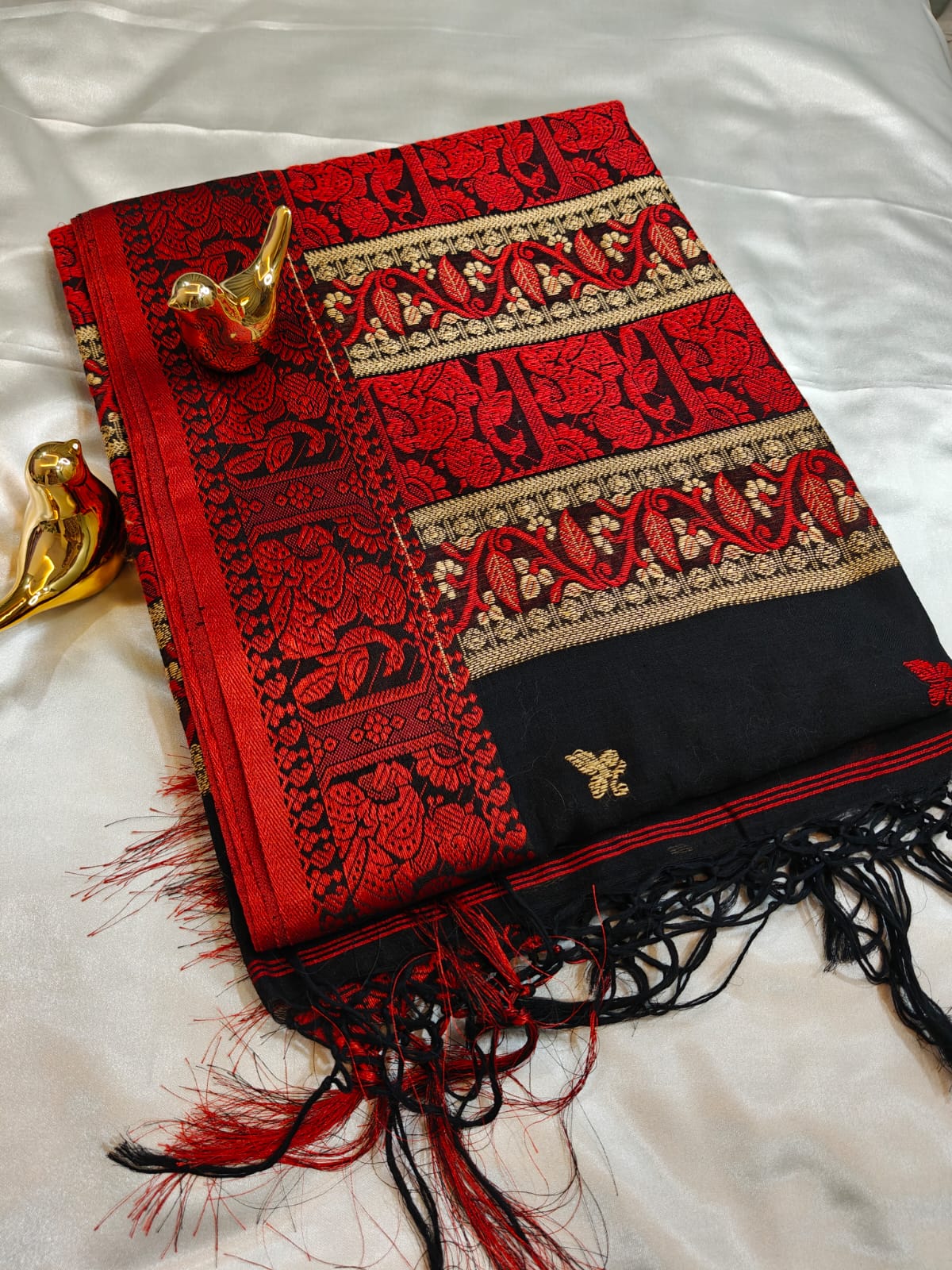 Black and Red Border Cotton Baluchari Saree