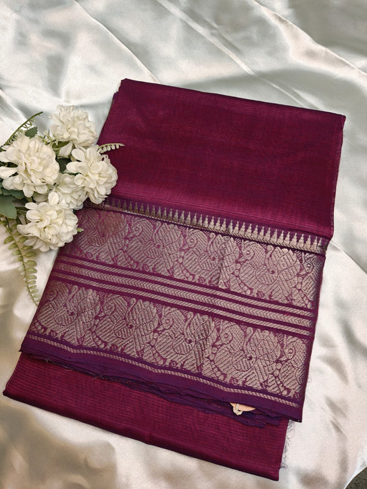 Wine Color Mangalgiri Saree with Traditional Silver Zari Border