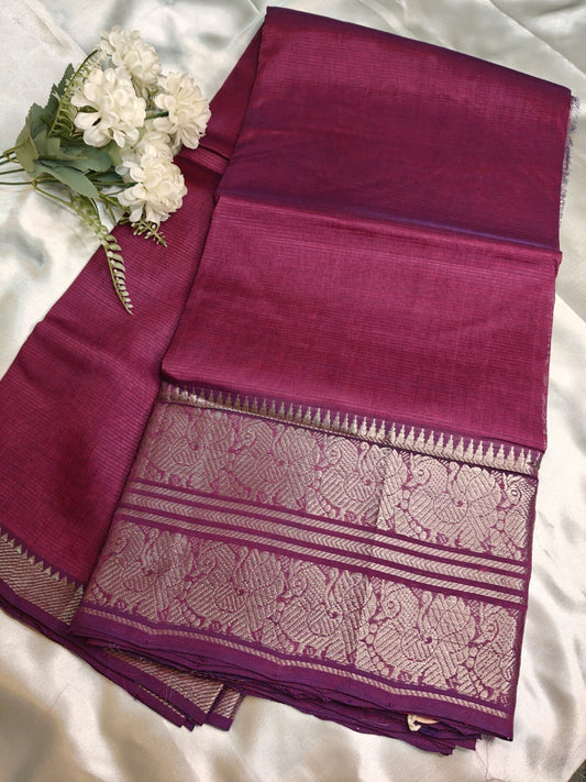 Wine Color Mangalgiri Saree with Traditional Silver Zari Border