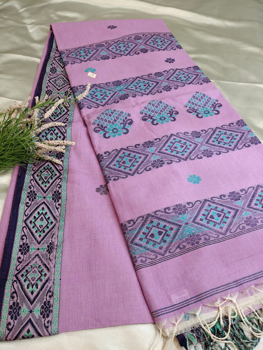 Lilac Handloom Cotton Saree with Traditional Border
