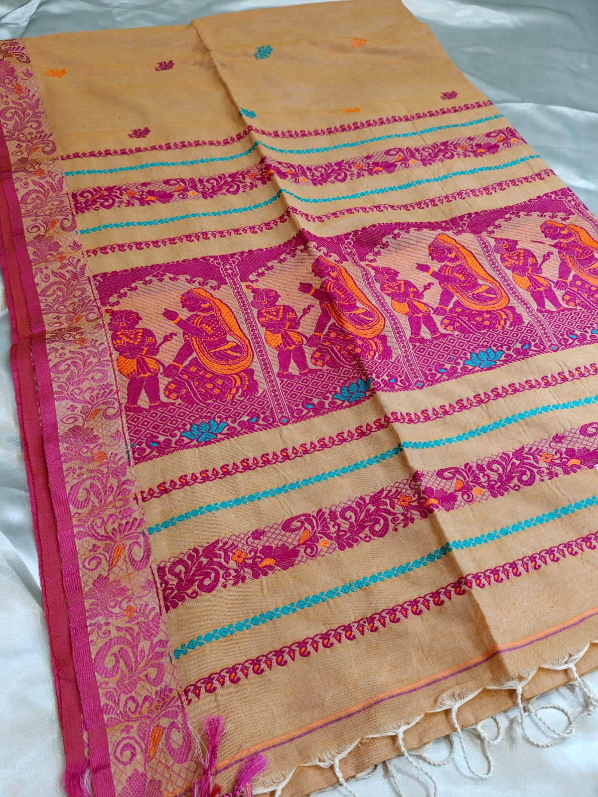 Warm Sand Cotton Baluchari Saree with Magenta & Teal Motifs