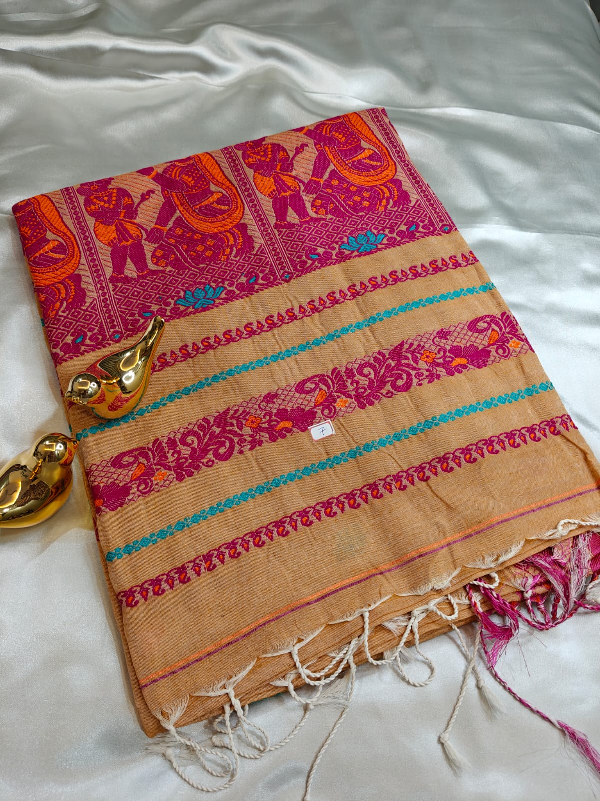 Warm Sand Cotton Baluchari Saree with Magenta & Teal Motifs