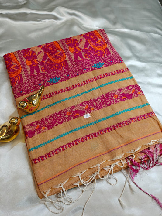 Warm Sand Cotton Baluchari Saree with Magenta & Teal Motifs