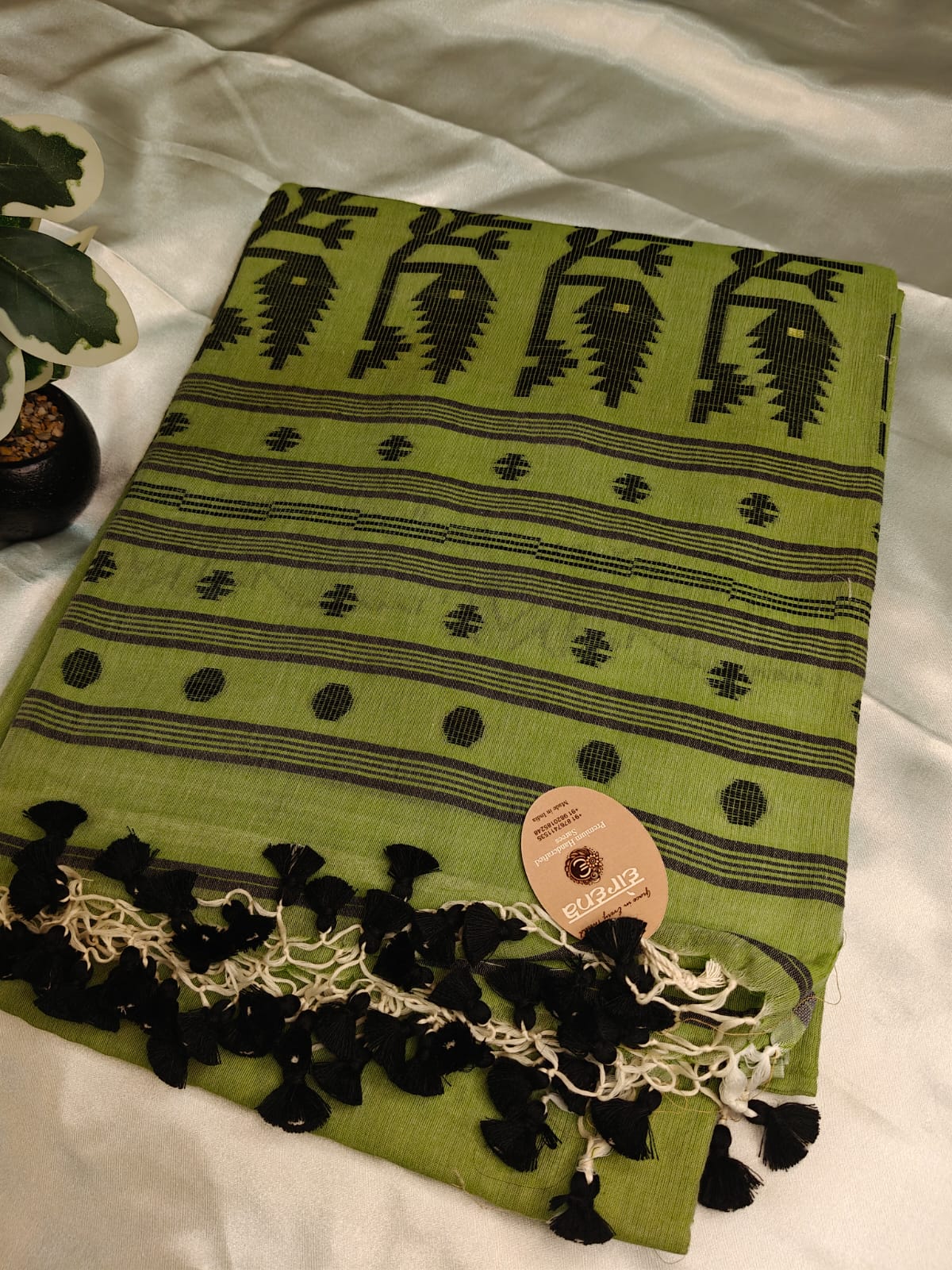 Olive Green Mul Cotton Jamdani Saree