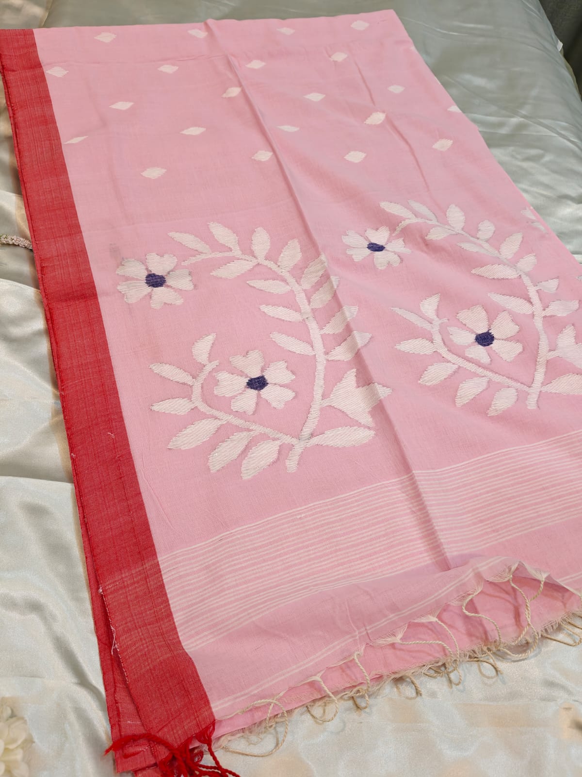 Blush Pink Handwoven Jamdani Saree with Contrast Red Border