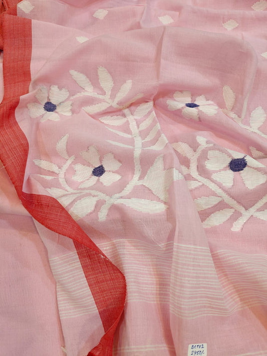 Blush Pink Handwoven Jamdani Saree with Contrast Red Border