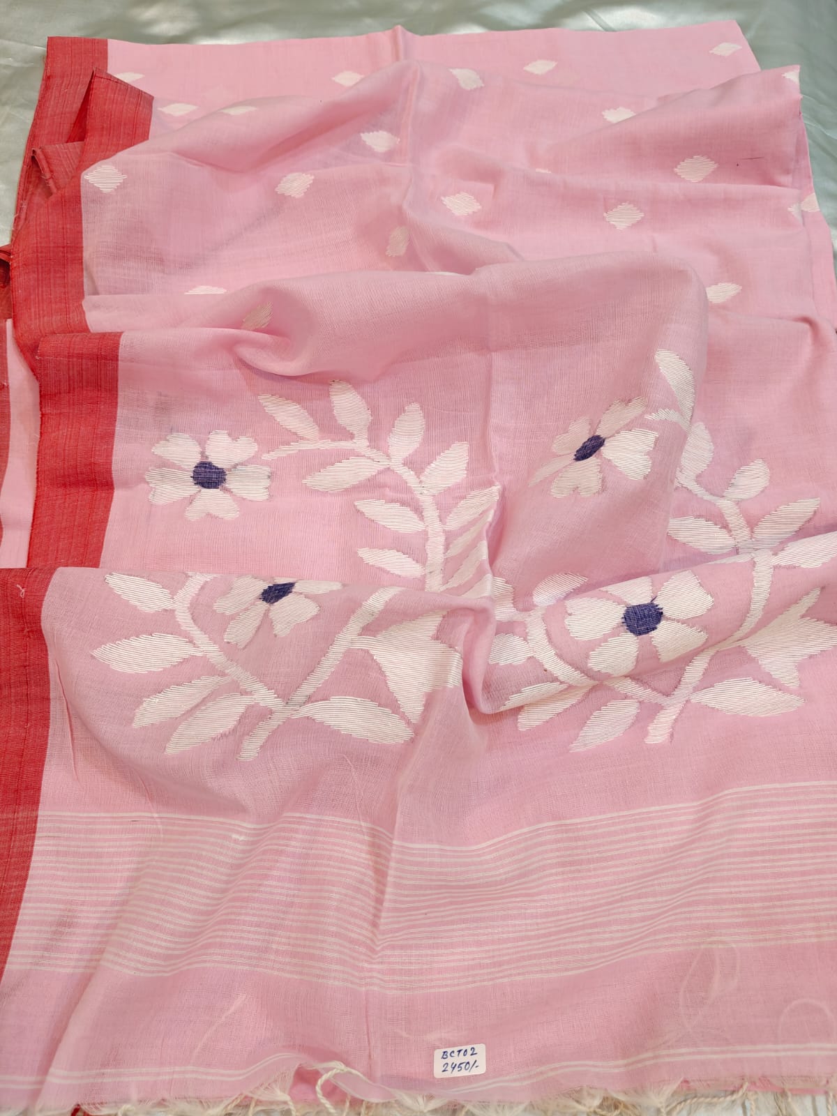 Blush Pink Handwoven Jamdani Saree with Contrast Red Border