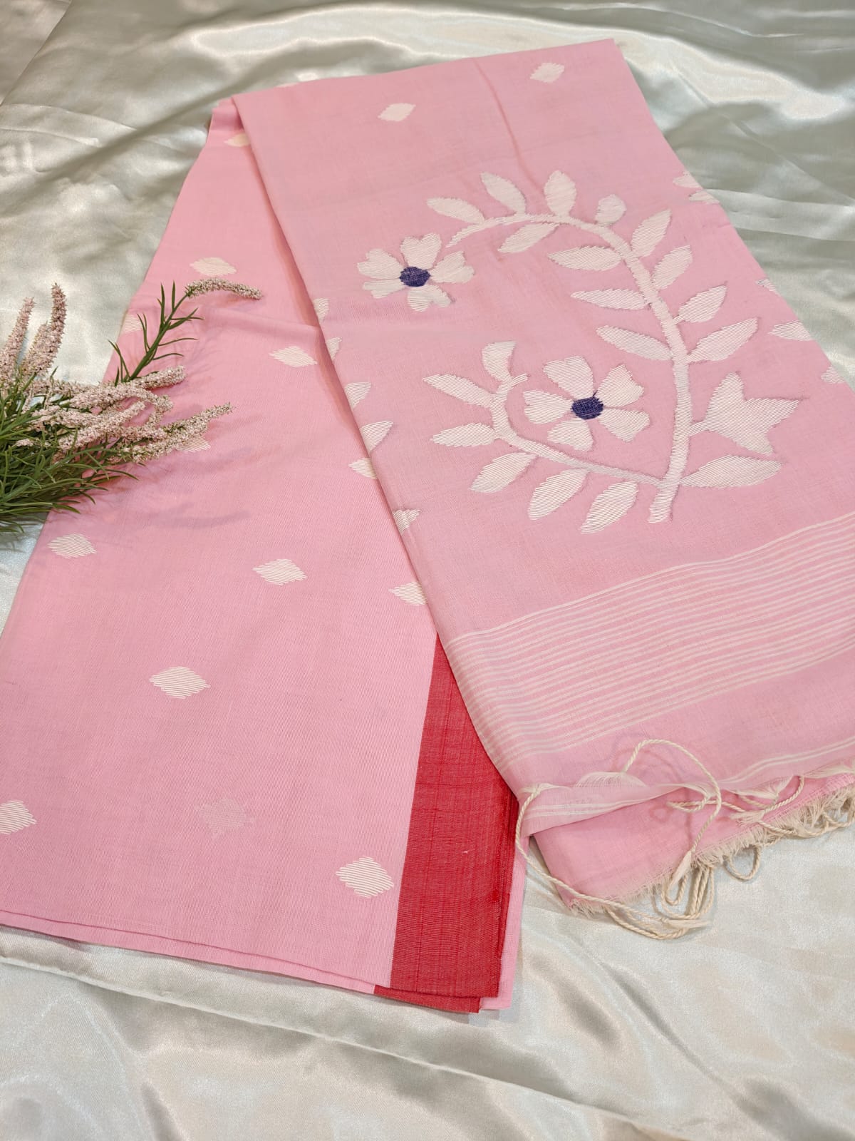 Blush Pink Handwoven Jamdani Saree with Contrast Red Border