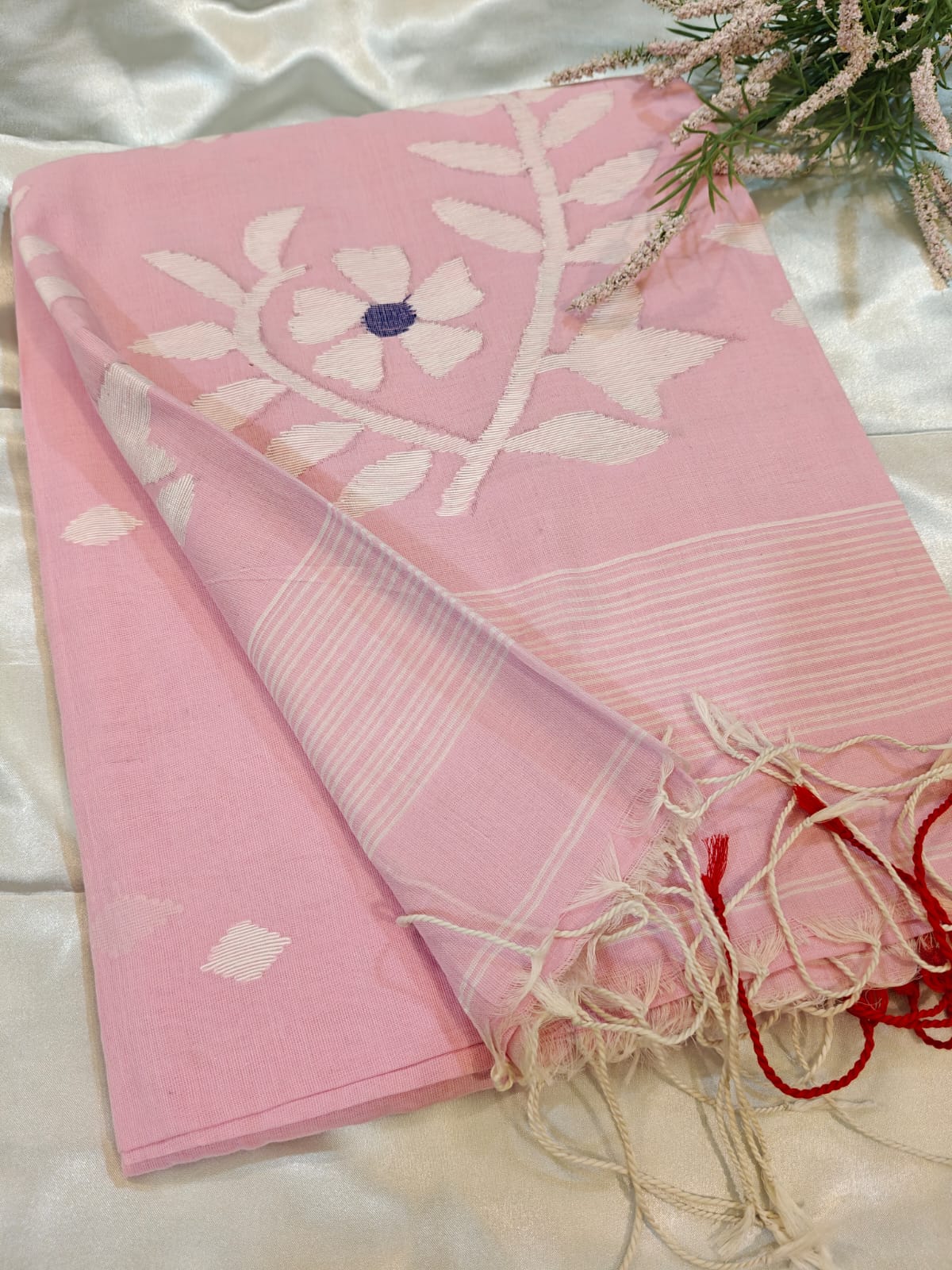 Blush Pink Handwoven Jamdani Saree with Contrast Red Border