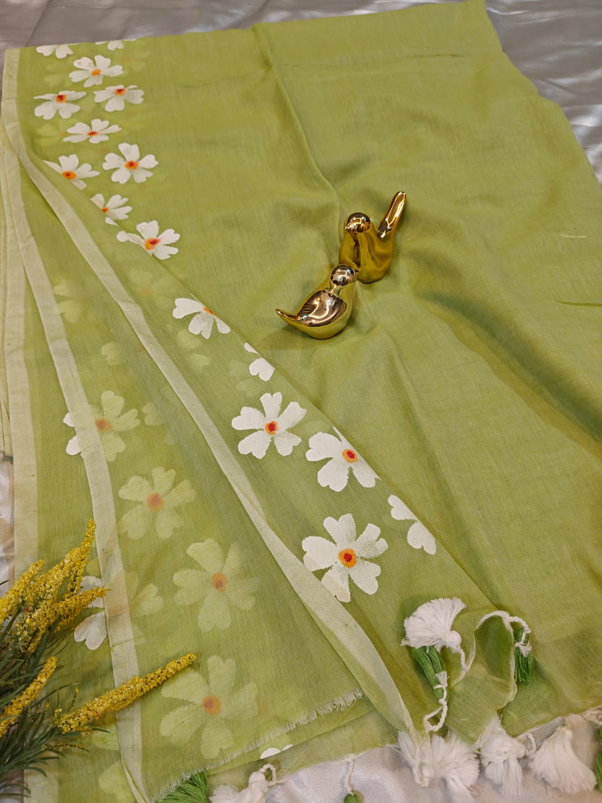 Pista Green Hand Painted Mul Cotton Saree