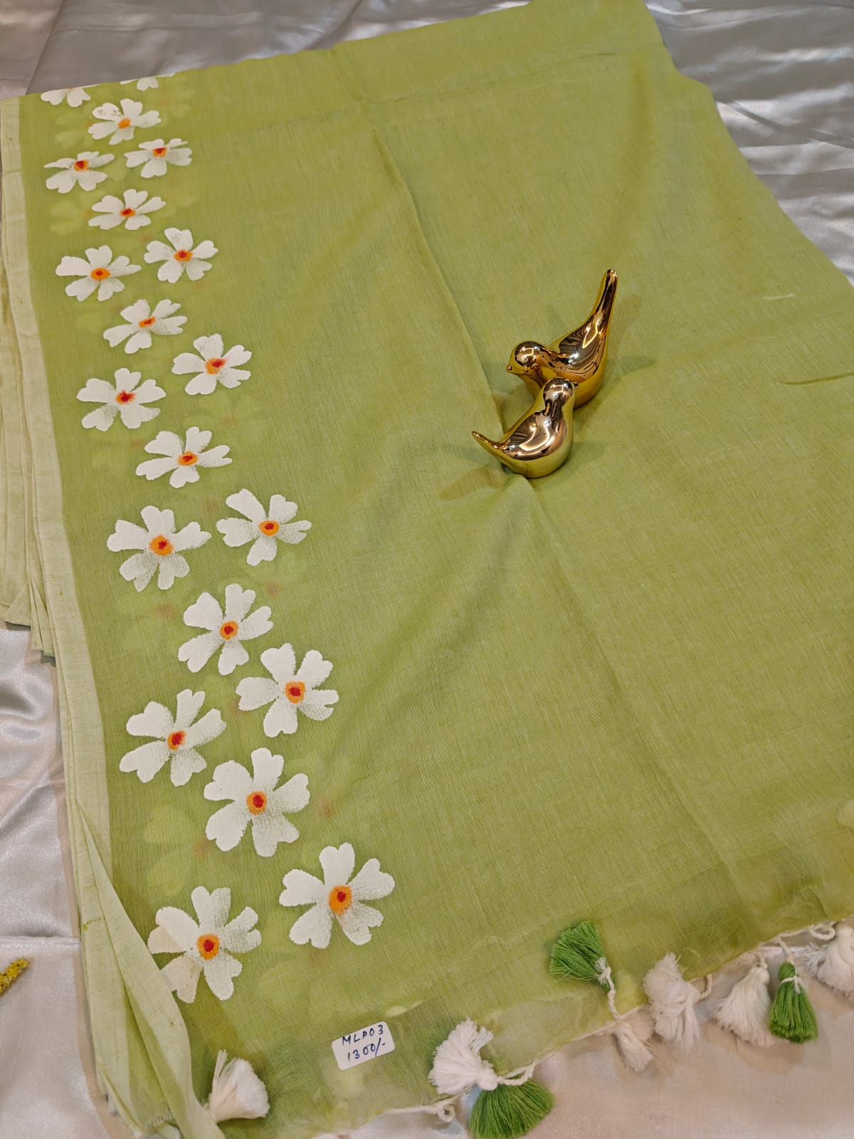Pista Green Hand Painted Mul Cotton Saree