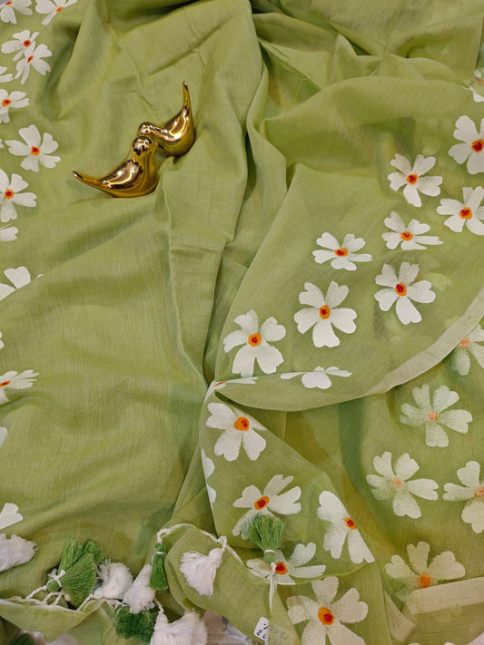Pista Green Hand Painted Mul Cotton Saree