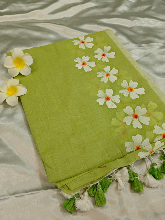 Pista Green Hand Painted Mul Cotton Saree