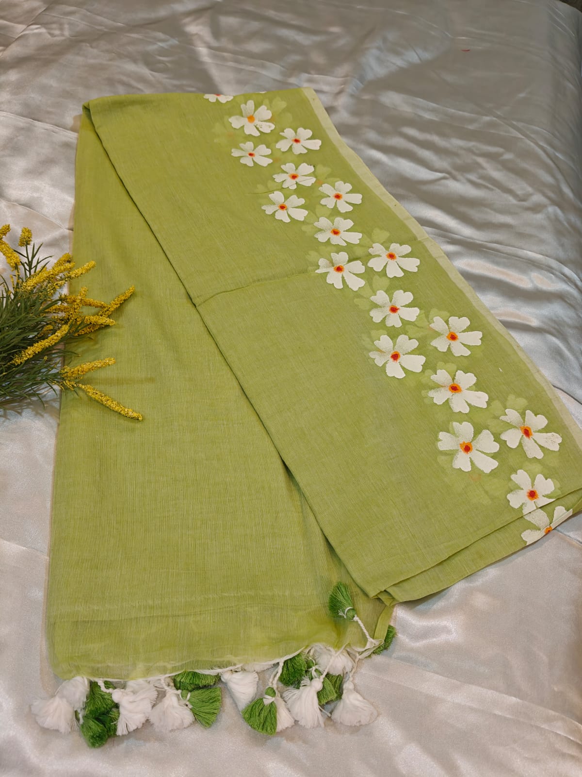 Pista Green Hand Painted Mul Cotton Saree