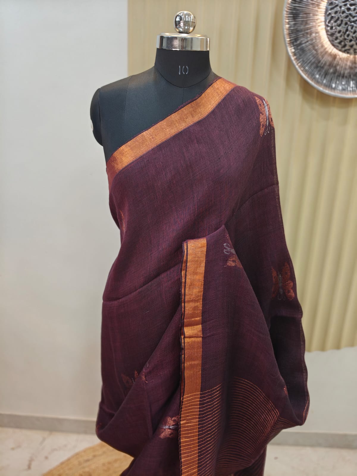 Deep Wine Copper border Linen with Butterfly Motif