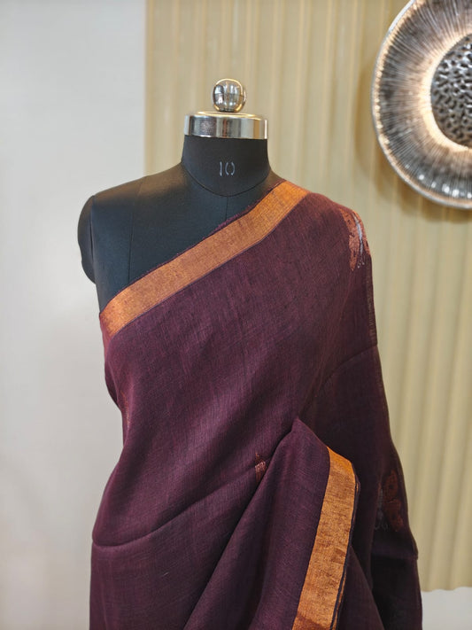 Deep Wine Copper border Linen with Butterfly Motif