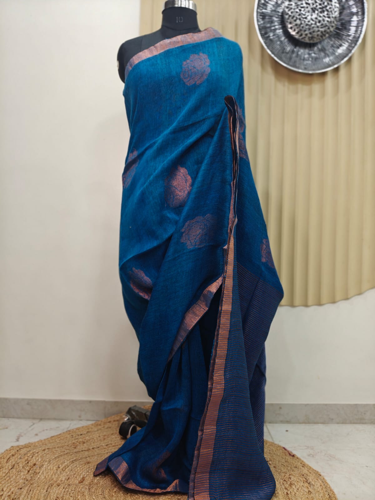 Teal Blue Linen Saree with Woven Rose Motif