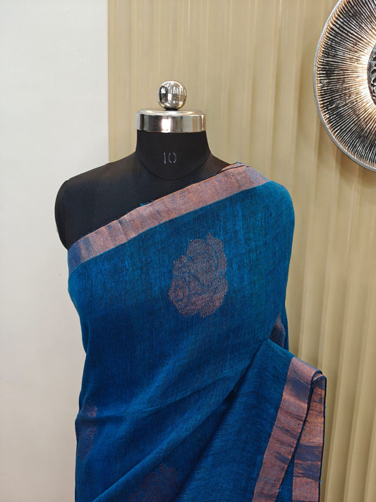 Teal Blue Linen Saree with Woven Rose Motif