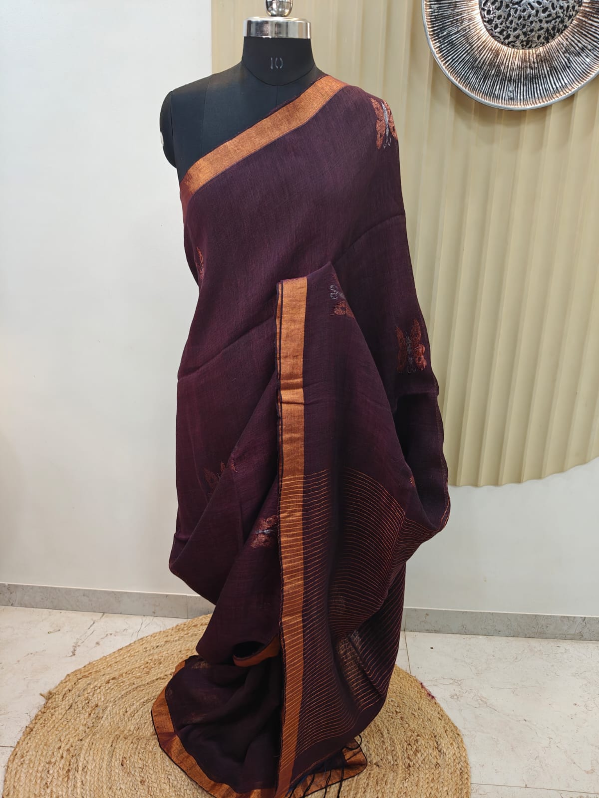 Deep Wine Copper border Linen with Butterfly Motif