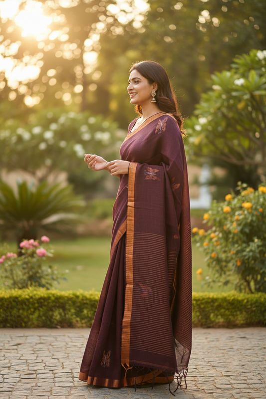 Deep Wine Copper border Linen with Butterfly Motif