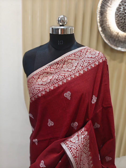 Maroonish Red Assam Khadi Cotton Saree