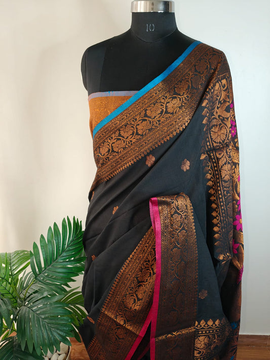Black and Copper Khadi Cotton Banarasi Saree