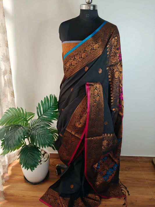 Black and Copper Khadi Cotton Banarasi Saree