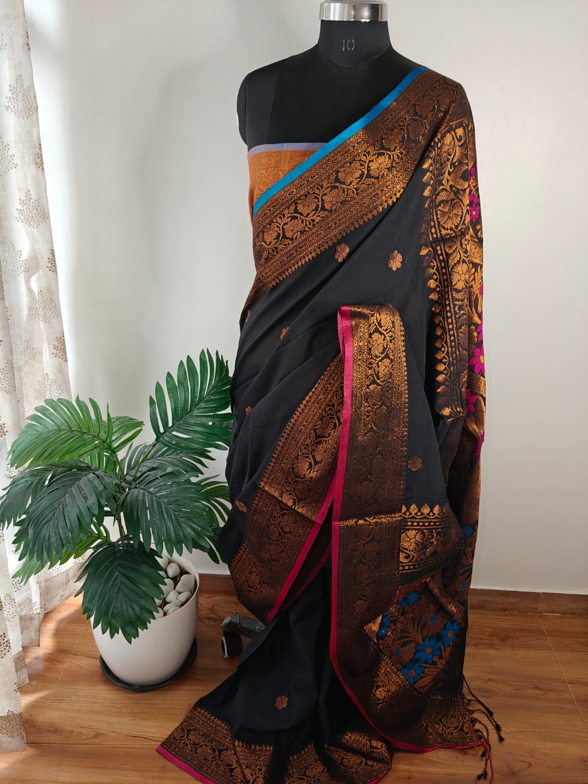 Black and Copper Khadi Cotton Banarasi Saree