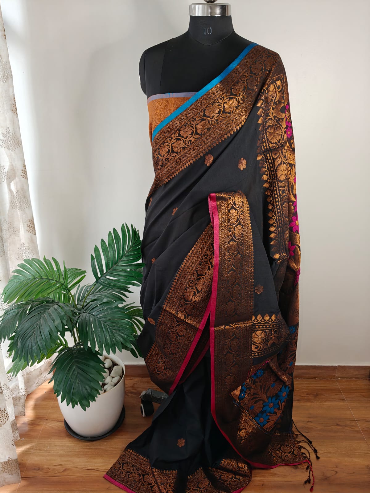 Black and Copper Khadi Cotton Banarasi Saree