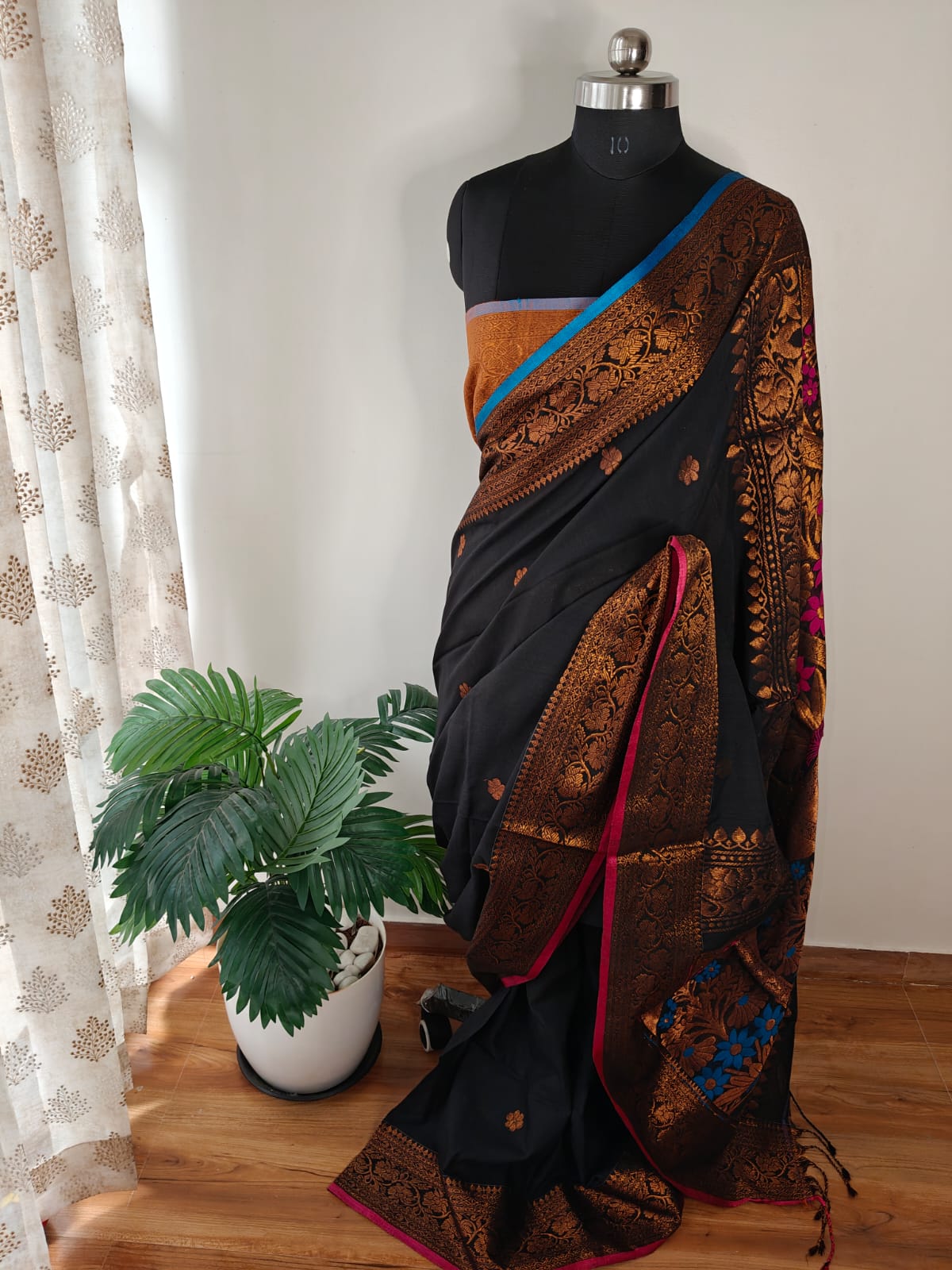 Black and Copper Khadi Cotton Banarasi Saree
