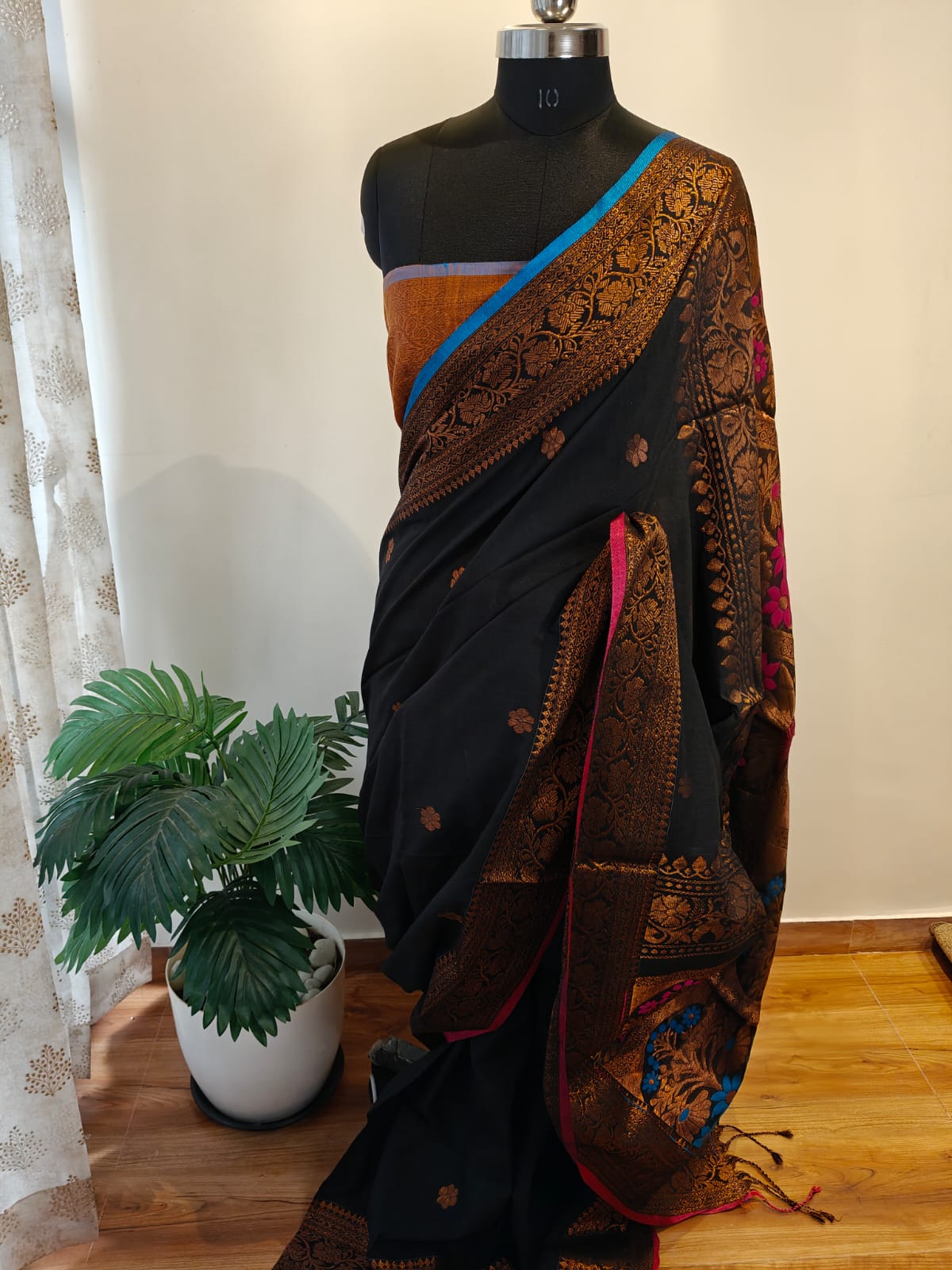Black and Copper Khadi Cotton Banarasi Saree