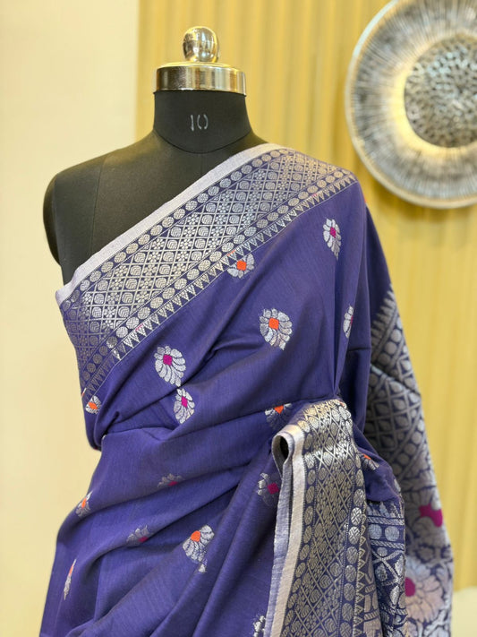 Blue Khadi Cotton Banarasi Saree with Silver Zari Border