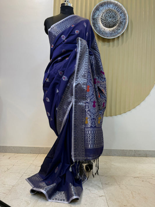 Blue Khadi Cotton Banarasi Saree with Silver Zari Border
