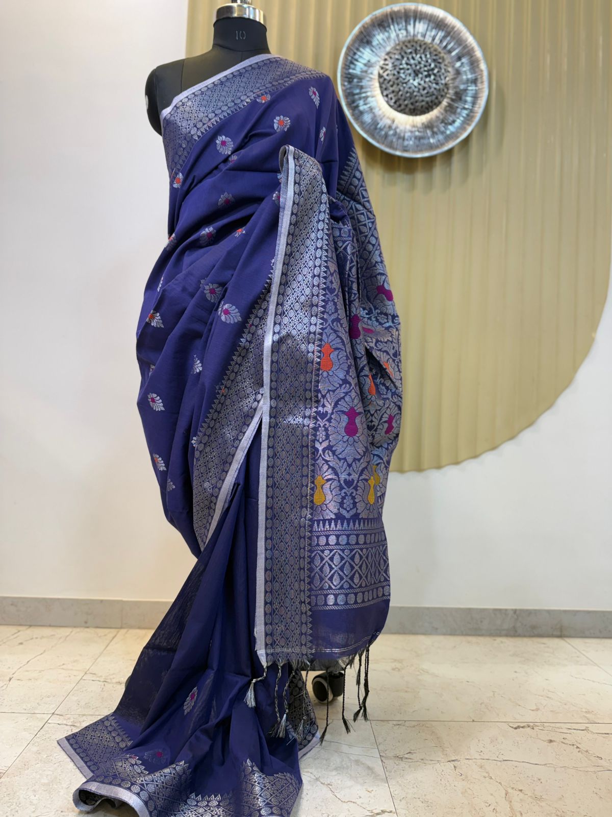 Blue Khadi Cotton Banarasi Saree with Silver Zari Border