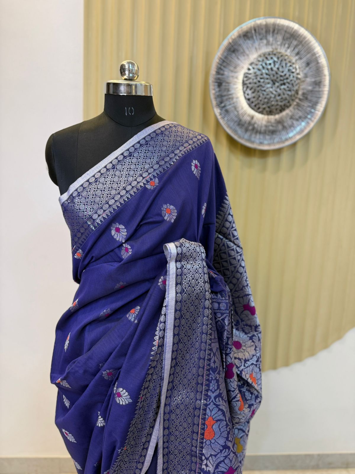 Blue Khadi Cotton Banarasi Saree with Silver Zari Border
