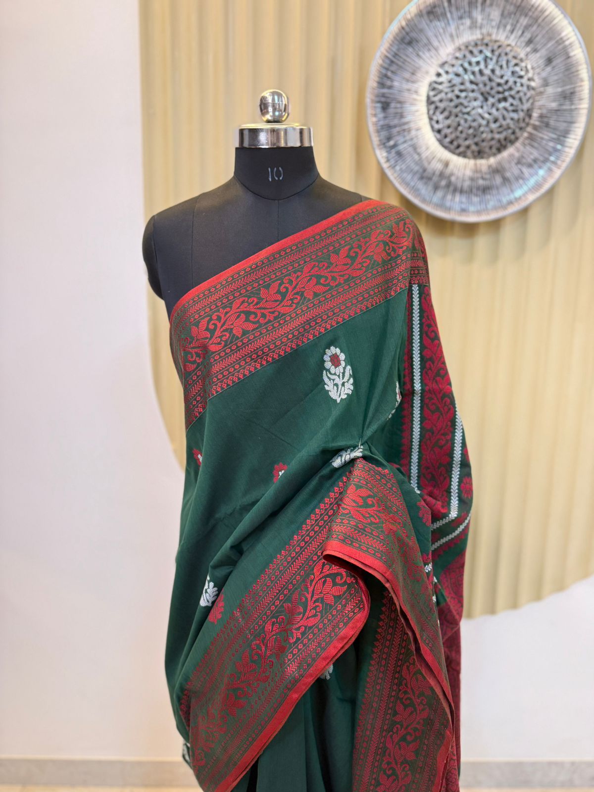 Bottle Green with Maroon Border Cotton Baluchari