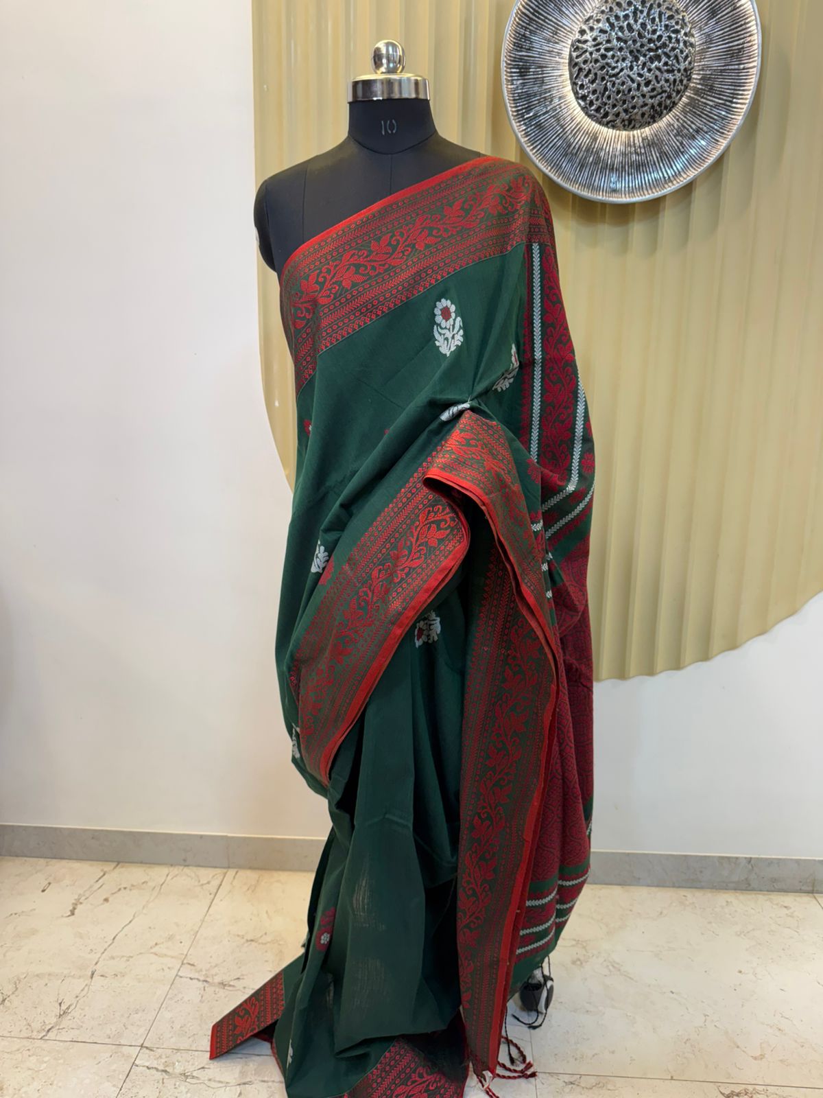 Bottle Green with Maroon Border Cotton Baluchari