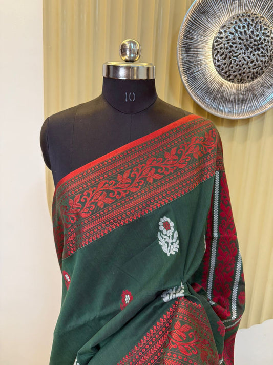 Bottle Green with Maroon Border Cotton Baluchari
