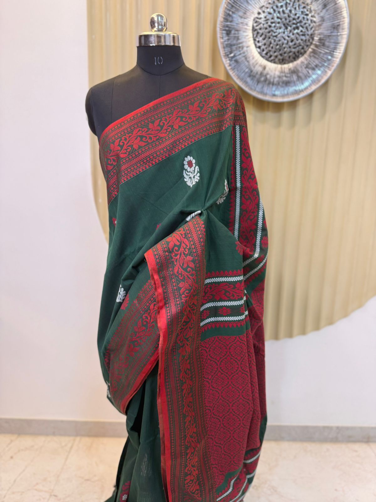 Bottle Green with Maroon Border Cotton Baluchari