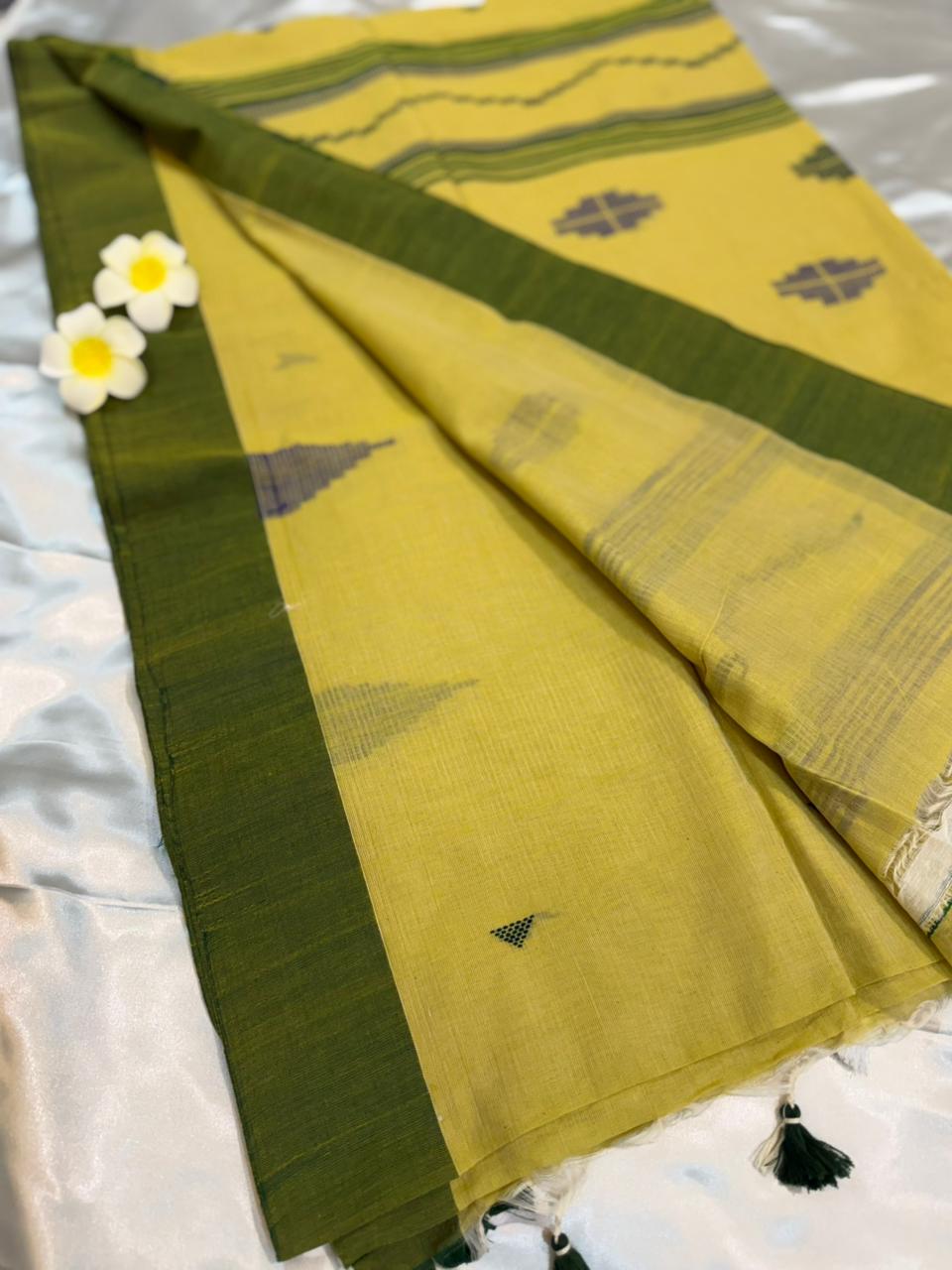 Lemon Yellow Temple Border Handwoven Jamdani Saree